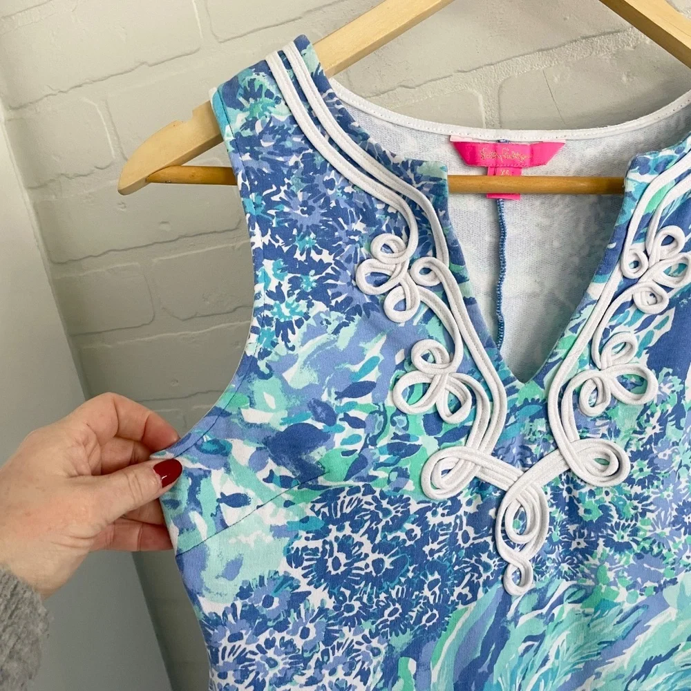 Lilly Pulitzer Vintage Mini Dress Blue Green Daisy Water Print Embroidered Sz XS - Picture 6 of 14